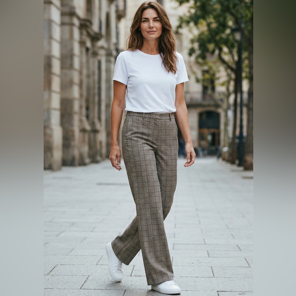 ZARA Plaid Pants Women Size L Gray Black Brown White Wide Leg Office Workwear